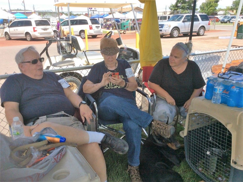 Bob, Louise & Kim enjoying the cooler weather in Williams, Az waiting to head into the obedience ring.